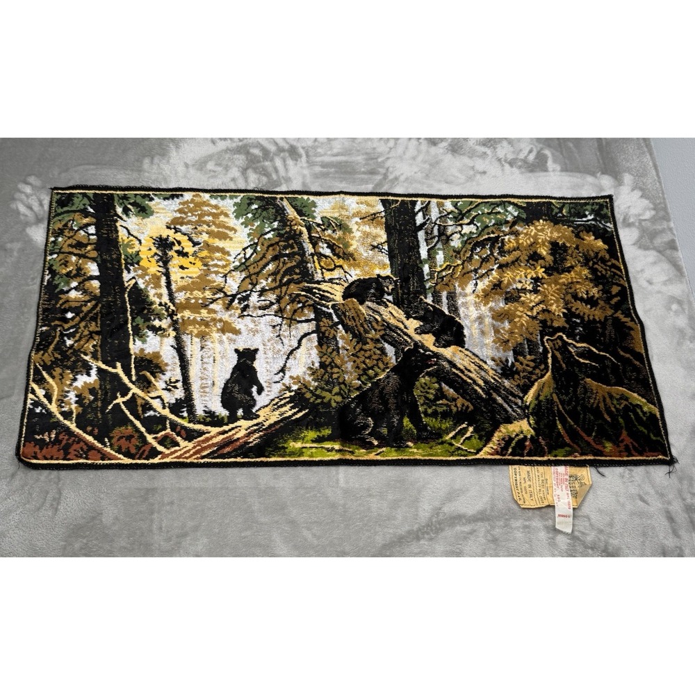Vintage Bear And Cubs Tapestry Rug Wall Decor Art Made In Italy 39x19 1960s 60s